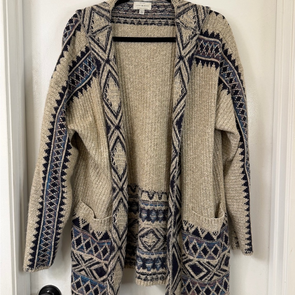 Lucky Brand Beige and Blue Patterned Women's Sweater Cardigan